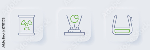 Set line Smart glasses on spectacles, Hologram and Radioactive waste in barrel icon. Vector