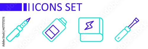 Set line Screwdriver, Book about electricity, Battery charge and Soldering iron icon. Vector