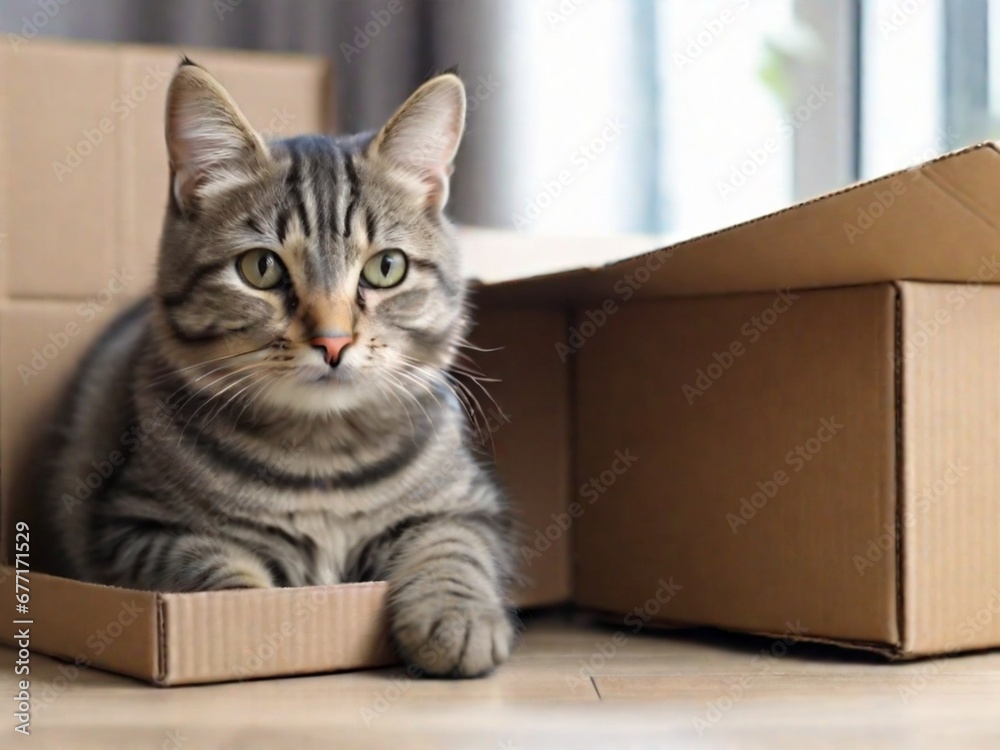 Cute grey tabby cat in cardboard box on floor at home Cute grey tabby cat in cardboard box on floor at home