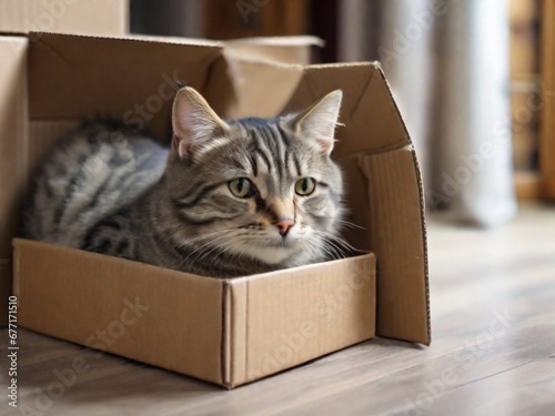 Fotografie, Obraz Cute grey tabby cat in cardboard box on floor at home