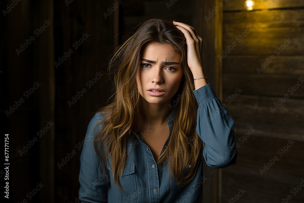 Young woman with severe migraine holding her head with her hands. health and medicine concept Young woman with severe migraine holding her head with her hands. health and medicine concept