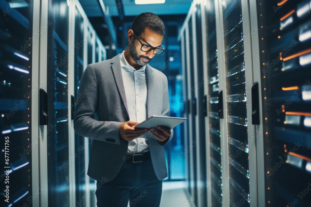 Fototapeta premium Data Center Engineer Young man holding digital tablet standing by supercomputer server