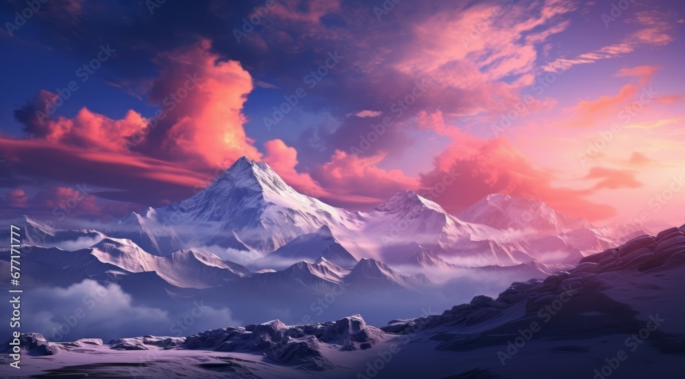a mountain landscape with a sunset in the background