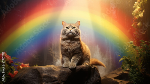 Cat on stone throne with rainbow in background, generated with ai