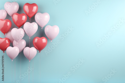 Celebration, valentine's day, wedding concept. Flying pink and red heart-shaped balloons on a blue background with copy space