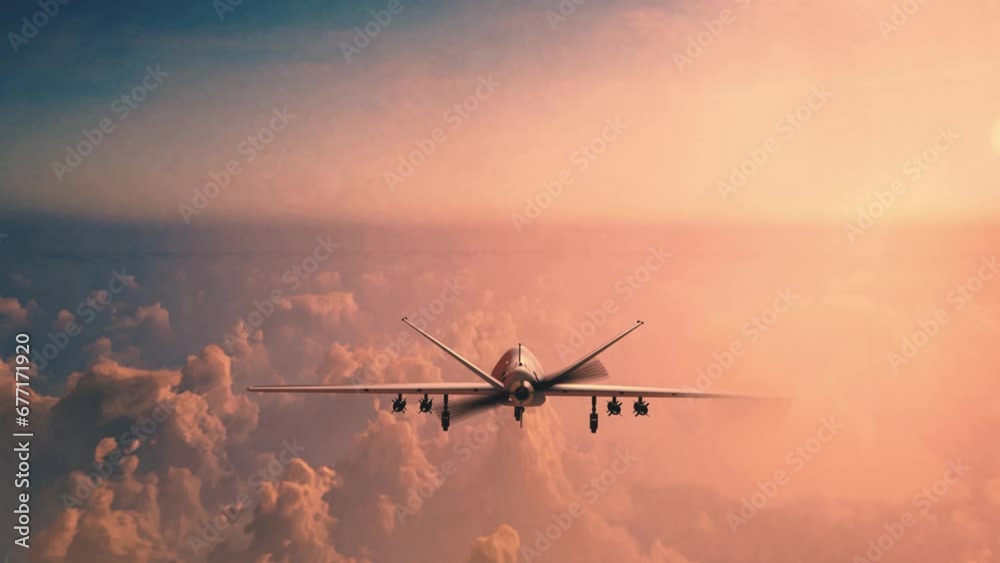 Unmanned military drone flying in the sky above the clouds, American technology, 3d render. Concept: military reconnaissance drone, incident in the sky, war in Ukraine.