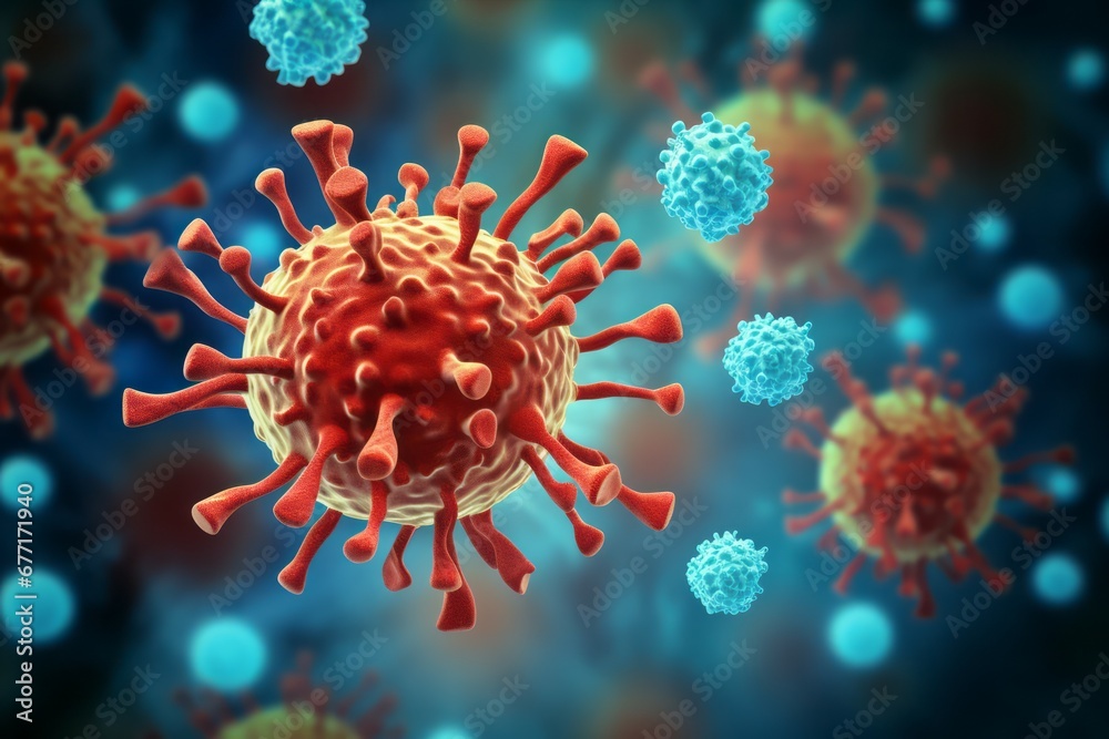 microscopic view of floating influenza virus cells - obrazy, fototapety, plakaty 