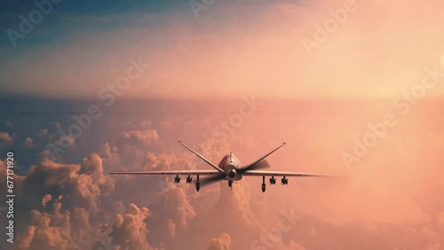 Unmanned military drone flying in the sky above the clouds, American technology, 3d render. Concept: military reconnaissance drone, incident in the sky, war in Ukraine.