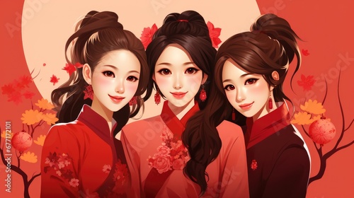 Smiling vogue Asian girls with Chinese traditional clothing, cartoon style