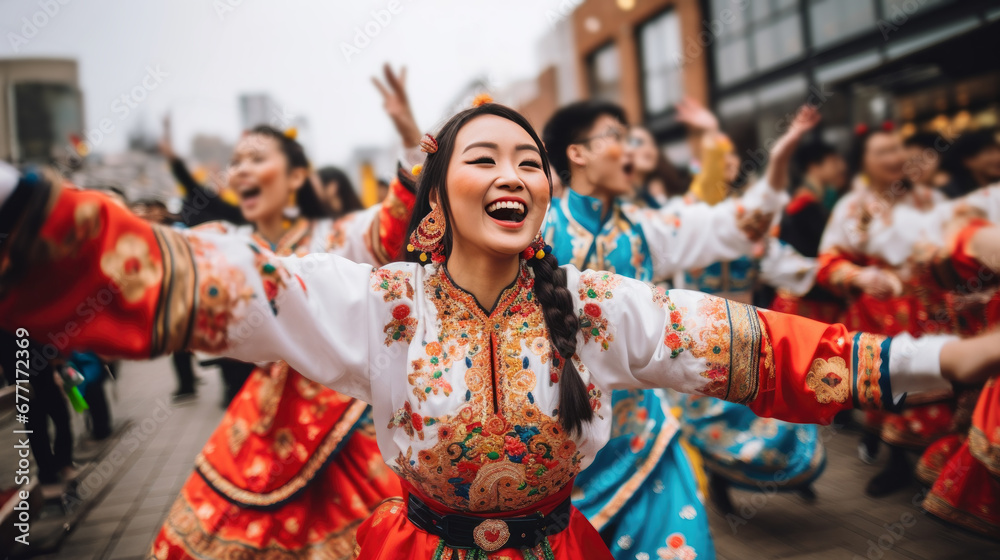 Happy vogue Asian girls with Chinese traditional clothing in Chinese new year street - obrazy, fototapety, plakaty 