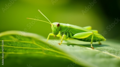 a close up of a green grasshopper on a leaf