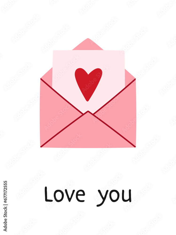 Love you. Valentine's day greeting card. Simple design with hand drawn envelope.