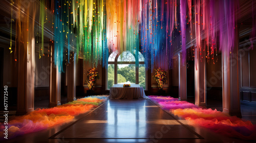 Wedding room decorated in rainbow colors, generated with ai