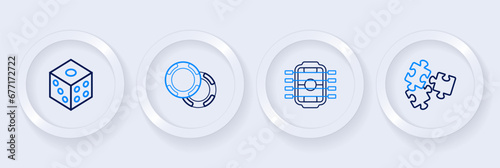 Set line Puzzle pieces toy, Table football, Casino chips and Game dice icon. Vector