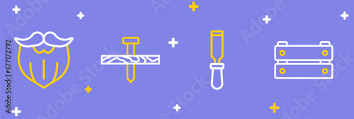 Set line Wooden box, Chisel tool, Metallic nail and Mustache and beard icon. Vector