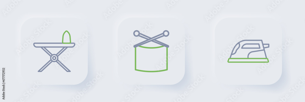 Set line Electric iron, Knitting needles and and ironing board icon. Vector Set line Electric iron, Knitting needles and and ironing board icon. Vector