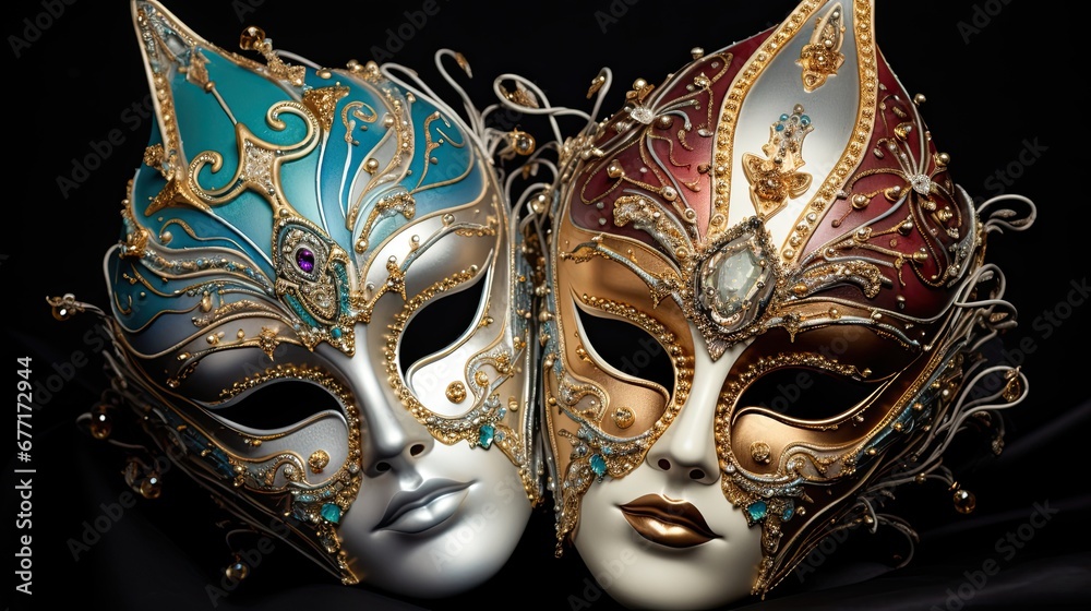 Venetian carnival mask, highly detailed with luminescent opals, gold and silver, venetian style