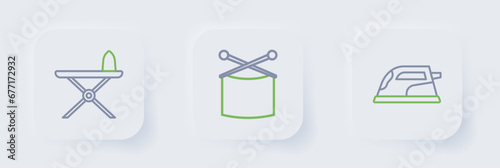 Set line Electric iron, Knitting needles and and ironing board icon. Vector
