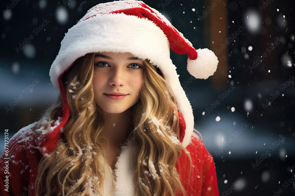 portrait of young blond woman dressed as Santa outdoors in the snow portrait of young blond woman dressed as Santa outdoors in the snow