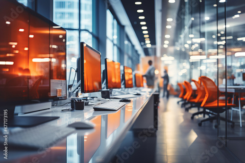 Obraz na płótnie Blurred Modern open office interior for corporate business or call centre with blurred background w salonie