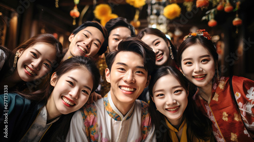Happy young Asian people with Chinese traditional clothing in Chinese new year street