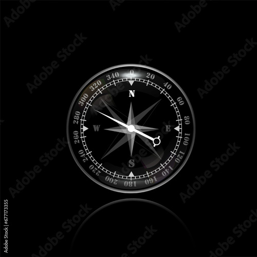 3D realistic compass, round with chrome rim. Vector illustration on black background