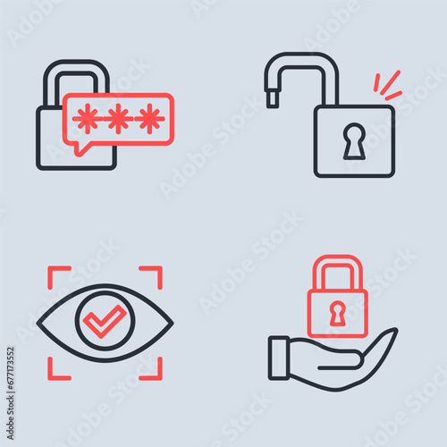 Free Download Set line Open padlock, Eye scan, Lock and Cyber security icon. Vector - GFXLoad