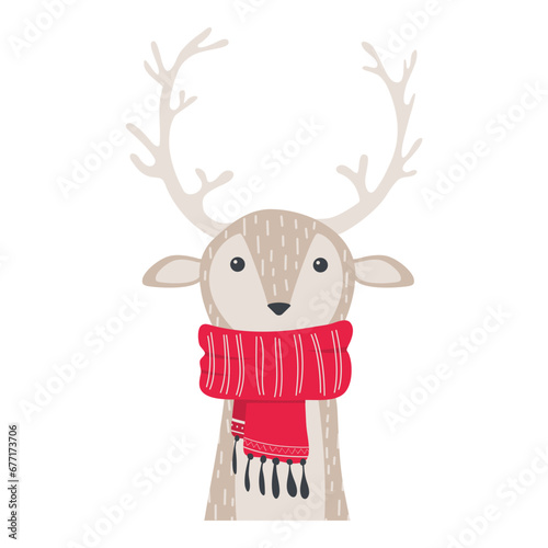 Cartoon deer with antlers in a winter scarf. Animal character head isolated on white background. Colorful vector art for printing on fabric and paper. Template for design card, poster, banner.