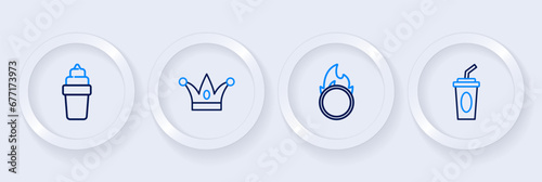 Set line Paper glass with water, Circus fire hoop, Jester hat bells and Ice cream in waffle icon. Vector