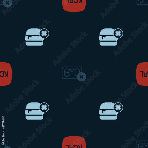 Set Kcal, No GMO and burger on seamless pattern. Vector