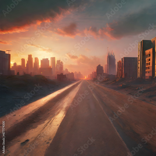 Sunset over ruined city