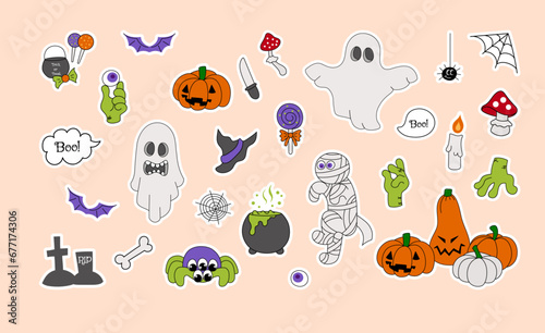 Fototapeta Naklejka Na Ścianę i Meble -  Groovy Halloween stickers, pumpkin, zombie, spider objects in y2k style. Hand drawn retro collection. Vector