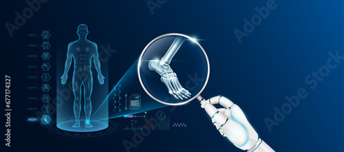 Doctor robot hand holding magnifying glass looking ankle bone analysis diagnosis with AI artificial intelligence technology. Anatomy hologram of the male body. Innovative medical healthcare. Vector.