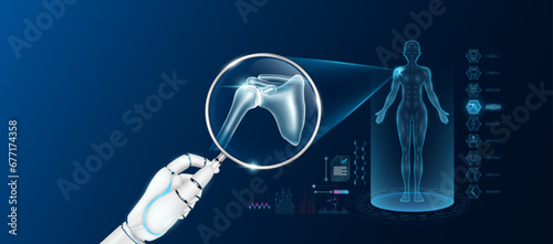 Doctor robot hand holding magnifying glass looking shoulder analysis and anatomy hologram of the female body. Diagnosis with AI technology. Innovative medical healthcare. Vector