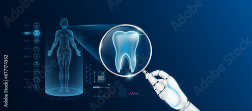 Doctor robot hand holding magnifying glass looking tooth analysis and anatomy hologram of the female body. Diagnosis with AI artificial intelligence technology. Innovative medical healthcare. Vector