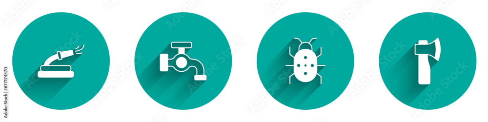 Set Garden hose, Water tap, Colorado beetle and Wooden axe icon with long shadow. Vector