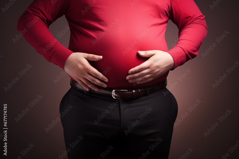 A Middle age man overweight body with show fat belly and diet concept on studio background. - obrazy, fototapety, plakaty 