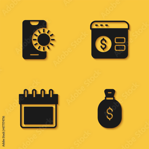 Set Online sports betting, Money bag, Calendar and poker table game icon with long shadow. Vector