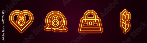 Set line Heart with 8 March, in speech bubble, Handbag and Flower tulip. Glowing neon icon. Vector
