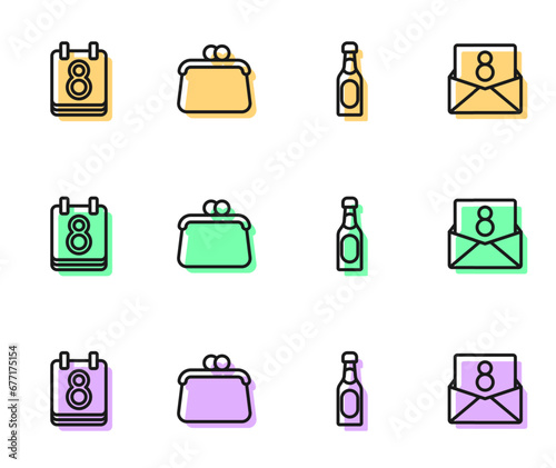 Set line Champagne bottle, Calendar with 8 March, Handbag and Envelope icon. Vector