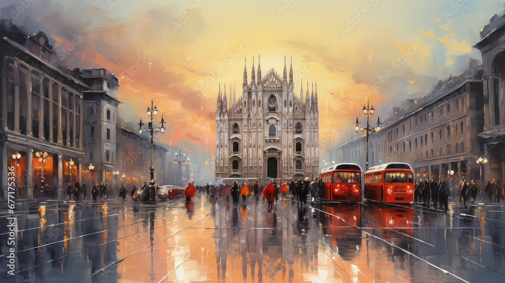 oil painting on canvas, street view of Milan. Artwork Milano. Big ben. man and woman on street, bus and road. Tree. Italy. - obrazy, fototapety, plakaty 