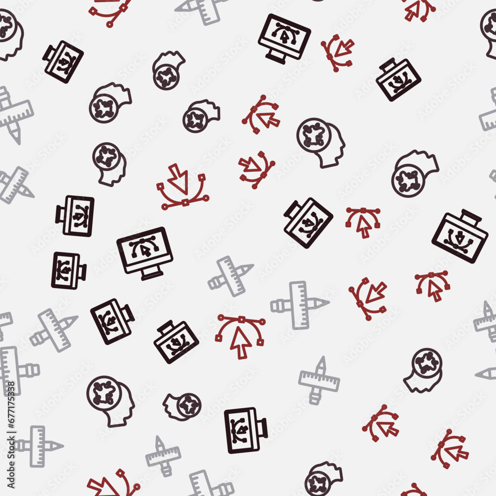 Set line Computer with design program, Paint spray, Crossed ruler and pencil and Bezier curve on seamless pattern. Vector Set line Computer with design program, Paint spray, Crossed ruler and pencil and Bezier curve on seamless pattern. Vector