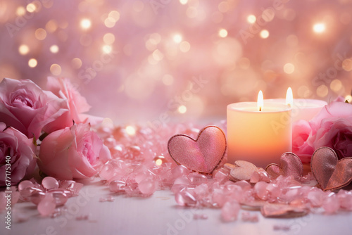 Romantic background in pink tones with roses  hearts and burning candles  Valentine s day backdrop  horizontal luxury glamour wedding card  bokeh effect