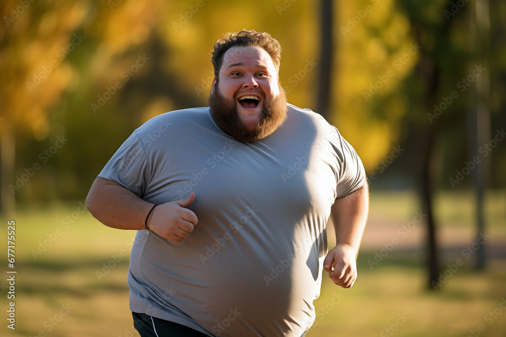 Overweight or fat belly man smiling running with jogging park and outside morning sunset nature - obrazy, fototapety, plakaty 