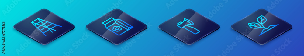 Set Isometric line Wooden axe, staircase, Sprout and Pack full of seeds icon. Vector Set Isometric line Wooden axe, staircase, Sprout and Pack full of seeds icon. Vector