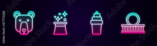 Set line Bear head, Magician hat, Ice cream in waffle and Roller coaster. Glowing neon icon. Vector