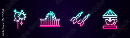 Set line Balloons with ribbon  Roller coaster  Dart arrow and Attraction carousel. Glowing neon icon. Vector