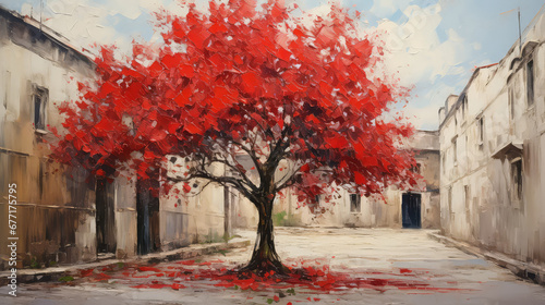 oil painting on canvas, street view of Venice. Artwork. Big ben. Red tree. Italy