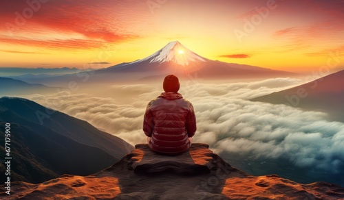 Man wearing mountain jacket sitting on top of the mountain and watching the sunrise in the morning