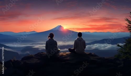 Back view of Couple wearing mountain jacket sitting on top of a mountain and looking at the sunset 